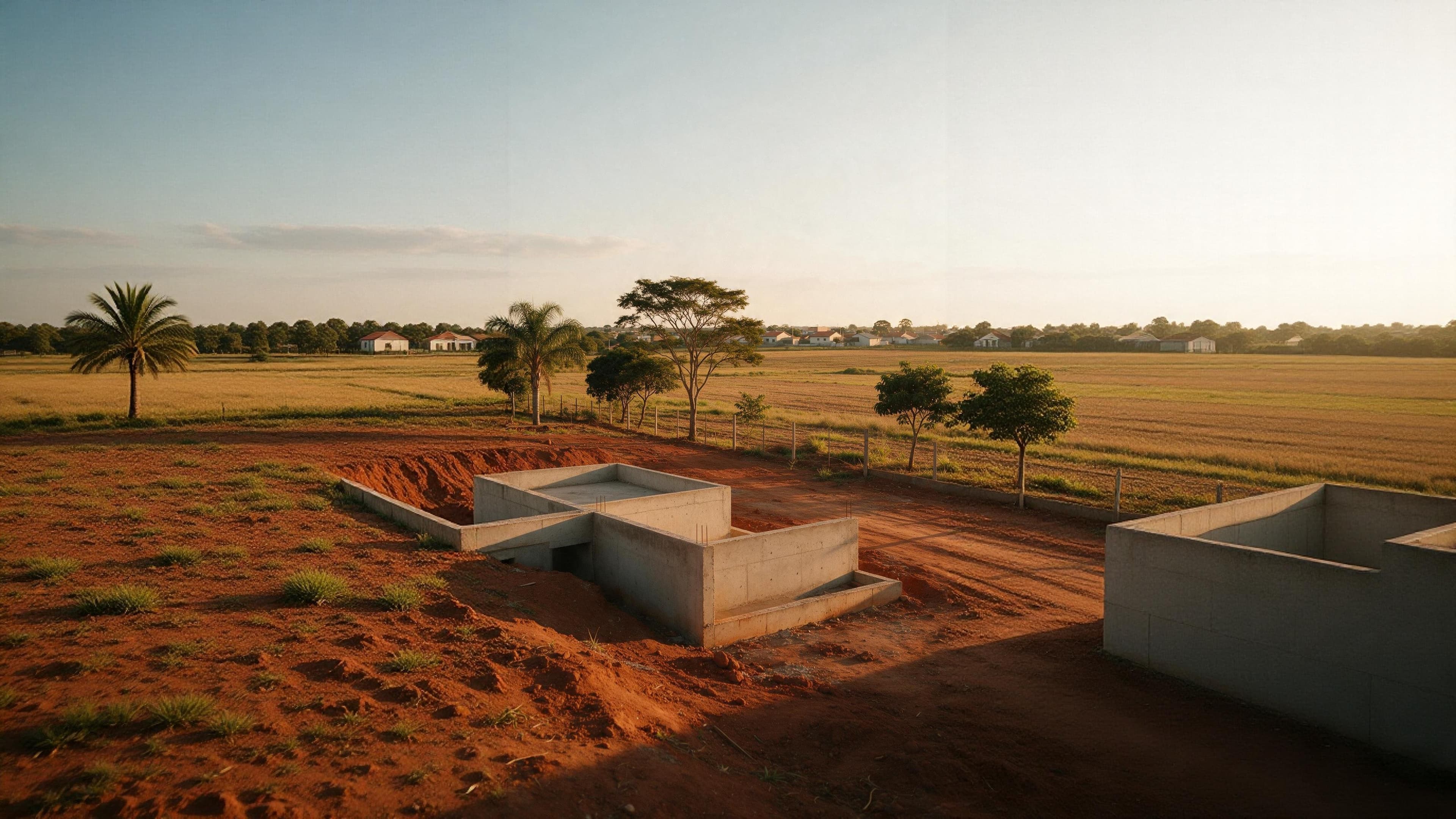 Obra no limite de uma área rural, com vegetação e casas ao longe.