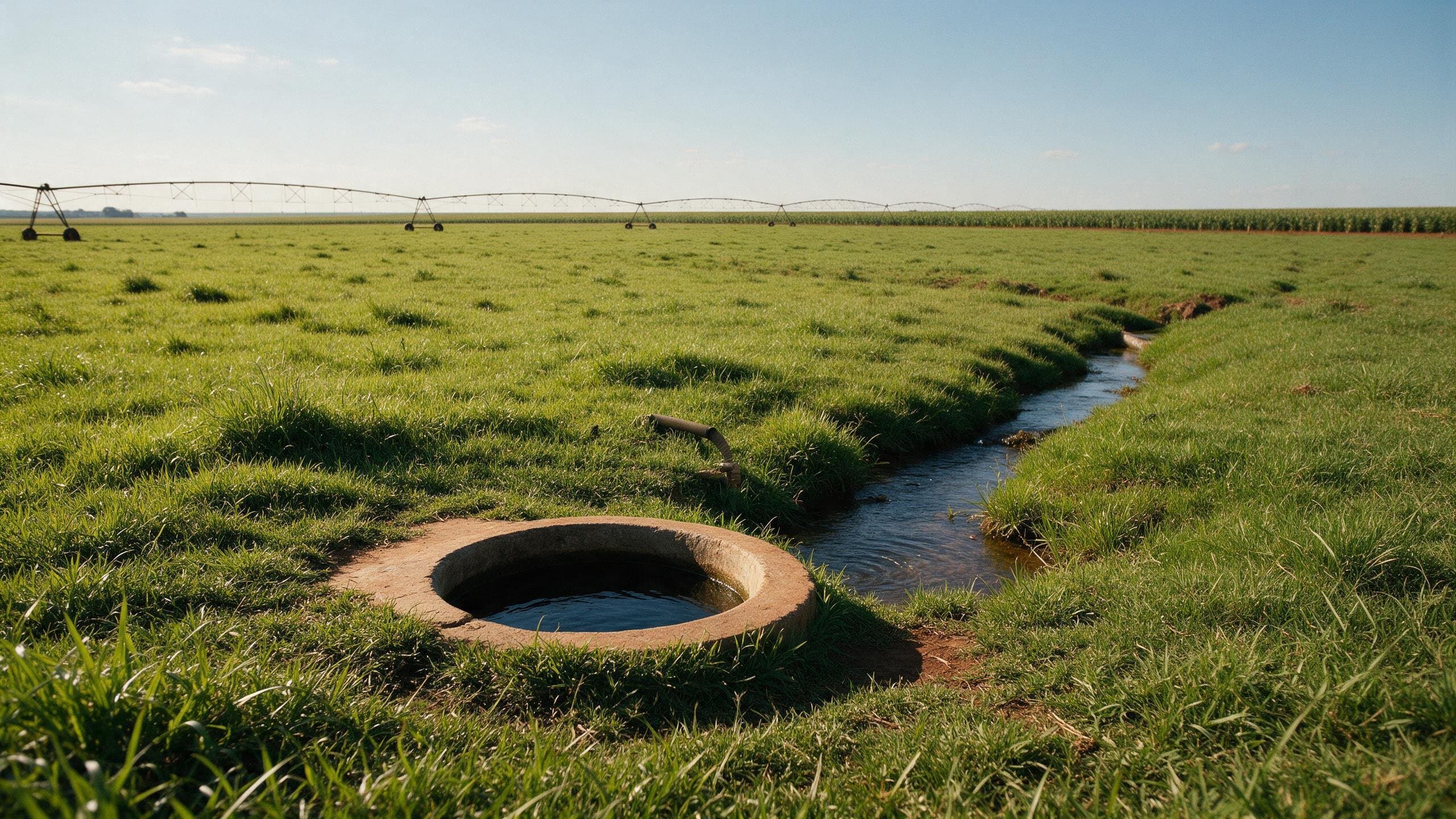 Poço e curso d'água em área rural, com irrigação ao fundo.
