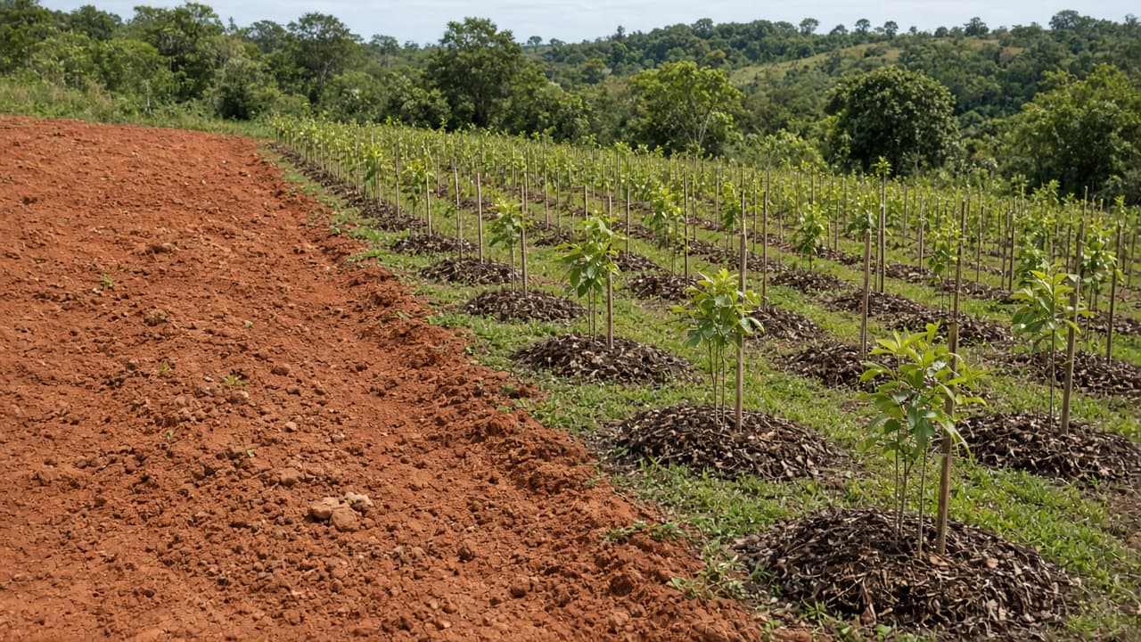 Solo exposto ao lado de mudas nativas recém-plantadas.