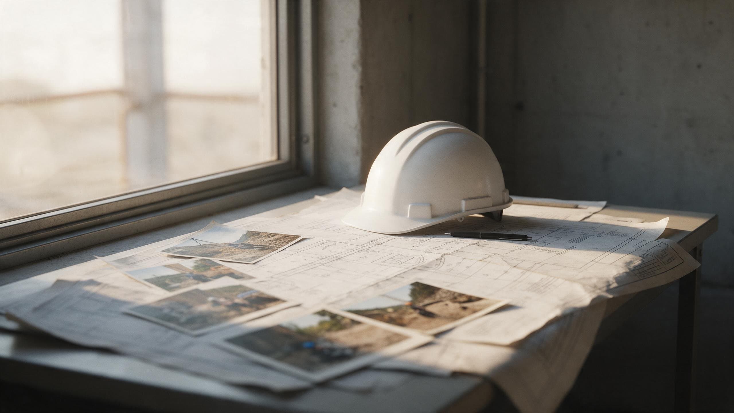 Mesa de trabalho com peças técnicas de uma defesa ambiental, sem texto legível.