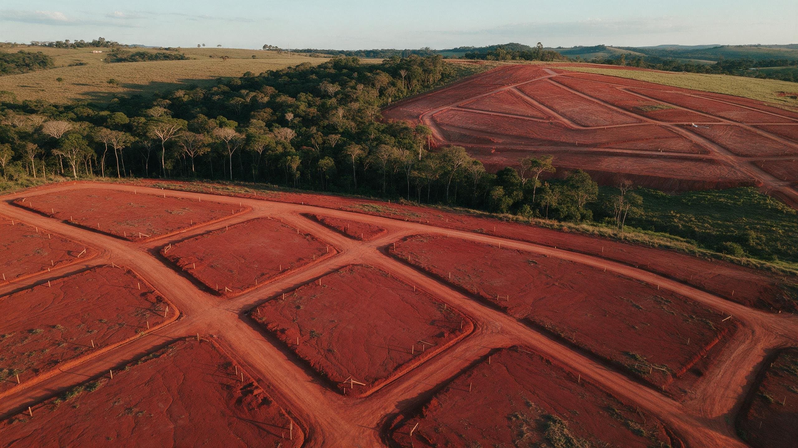 Terreno dividido em futuros lotes, com estacas e uma faixa de vegetação preservada.
